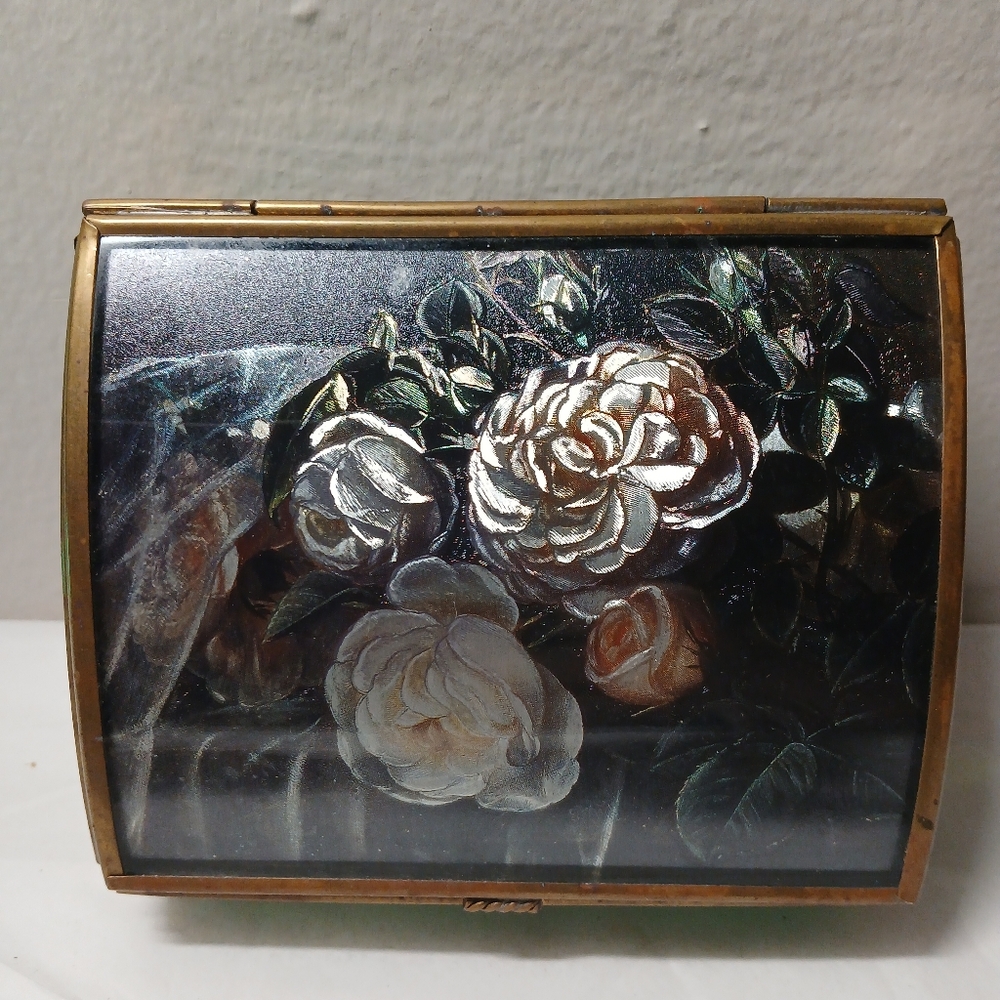 Vintage Floral Decorative Box with Gold Accents Shiny Flowers